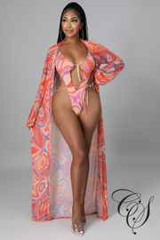 Charlette Marble Print Bathing Suit & Cardigan Set