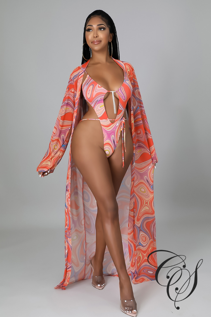 Charlette Marble Print Bathing Suit & Cardigan Set